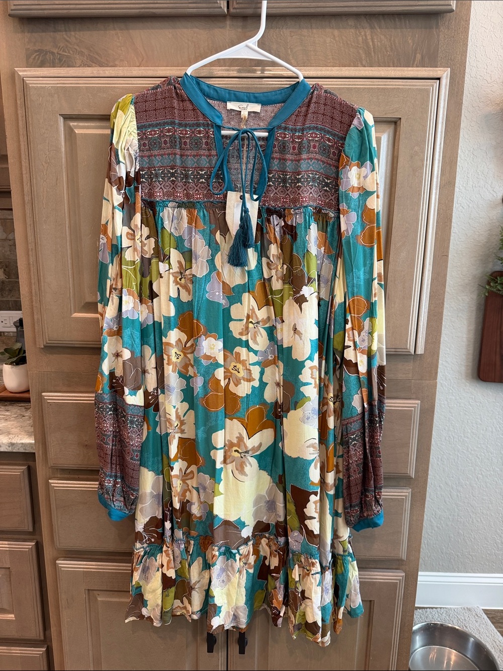 Easel Boho Floral Teal Tunic Dress with Tassel Tie